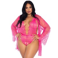Leg Avenue Floral Lace Teddy and Robe Set Pink