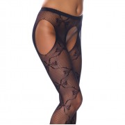 Crotchless Black Fishnet Lace Detail Suspender Tights